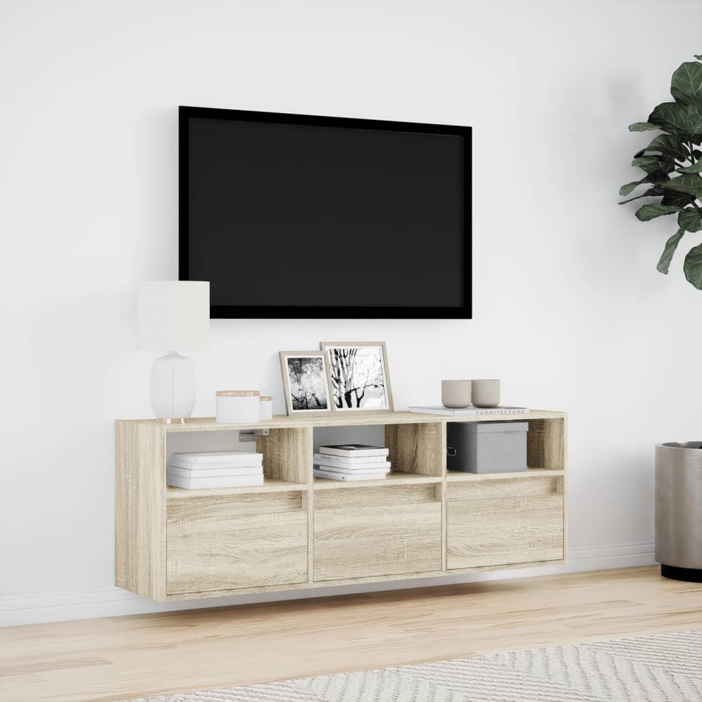 vidaXL Comodă TV de perete cu lumini LED, stejar sonoma, 130x31x45 cm vidaXL Comodă TV de perete cu lumini LED, stejar sonoma, 130x31x45 cm