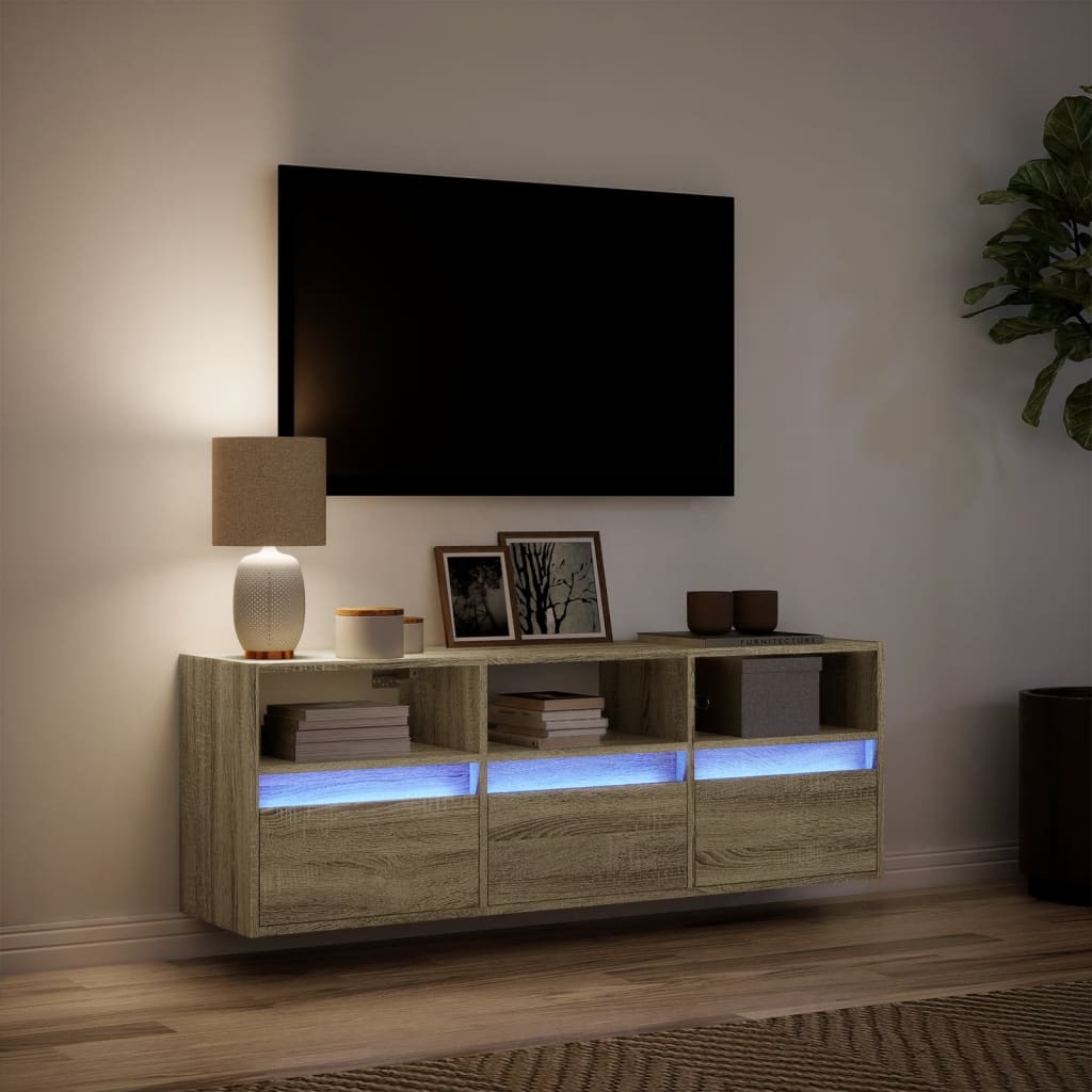 vidaXL Comodă TV de perete cu lumini LED, stejar sonoma, 130x31x45 cm vidaXL Comodă TV de perete cu lumini LED, stejar sonoma, 130x31x45 cm