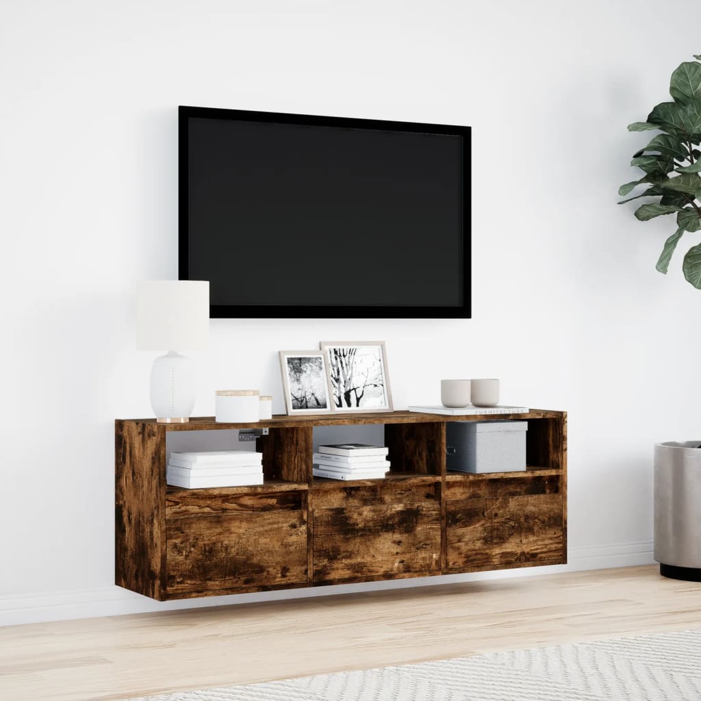 vidaXL Comodă TV de perete cu lumini LED, stejar fumuriu, 130x31x45 cm