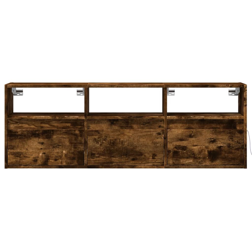 vidaXL Comodă TV de perete cu lumini LED, stejar fumuriu, 130x31x45 cm