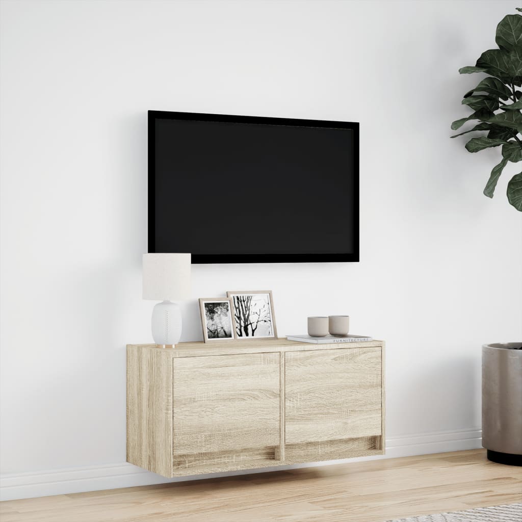 vidaXL Comodă TV de perete cu lumini LED, stejar sonoma, 80x31x38 cm vidaXL Comodă TV de perete cu lumini LED, stejar sonoma, 80x31x38 cm