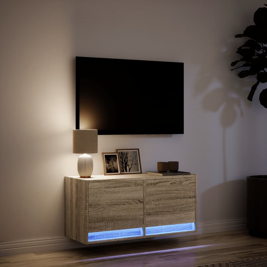 vidaXL Comodă TV de perete cu lumini LED, stejar sonoma, 80x31x38 cm vidaXL Comodă TV de perete cu lumini LED, stejar sonoma, 80x31x38 cm
