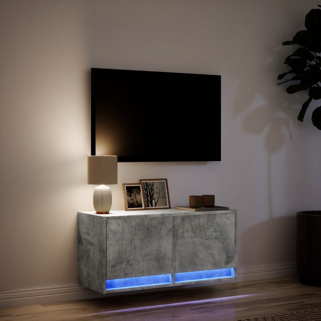 vidaXL Comodă TV de perete cu lumini LED, gri beton, 80x31x38 cm vidaXL Comodă TV de perete cu lumini LED, gri beton, 80x31x38 cm