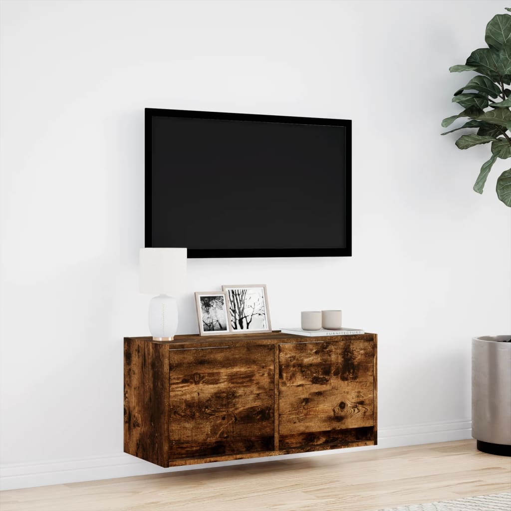 vidaXL Comodă TV de perete cu lumini LED, stejar fumuriu, 80x31x38 cm vidaXL Comodă TV de perete cu lumini LED, stejar fumuriu, 80x31x38 cm