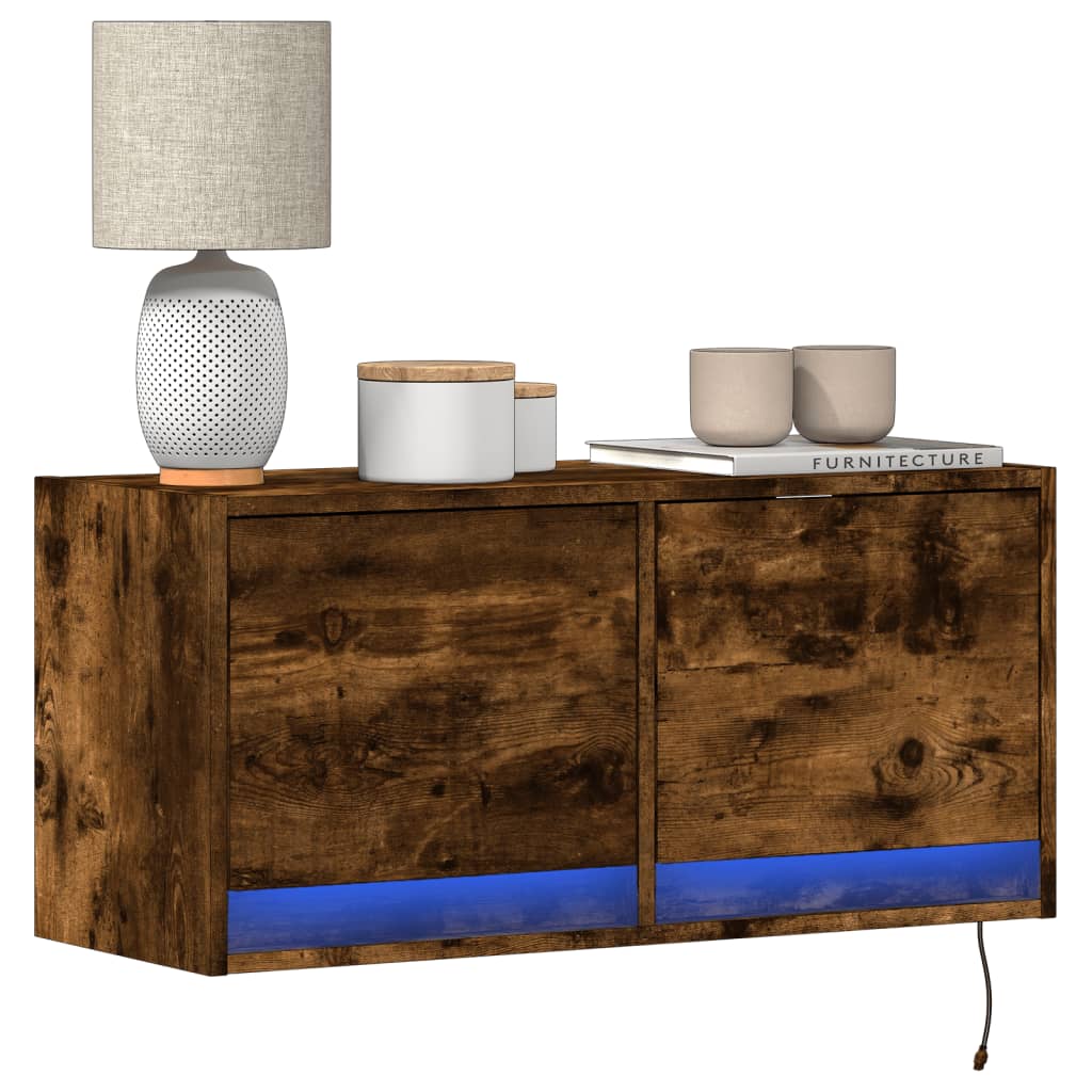 vidaXL Comodă TV de perete cu lumini LED, stejar fumuriu, 80x31x38 cm vidaXL Comodă TV de perete cu lumini LED, stejar fumuriu, 80x31x38 cm