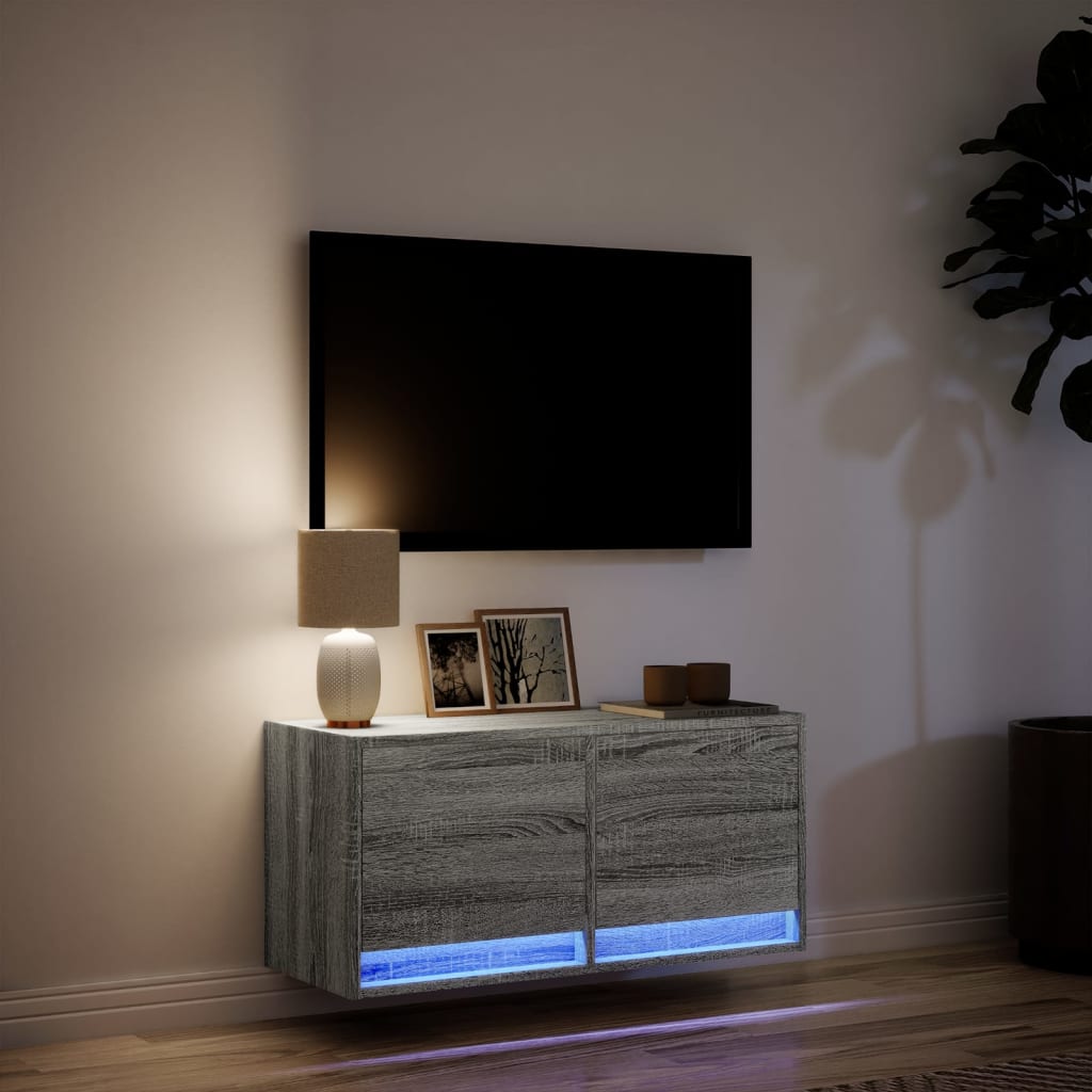 vidaXL Comodă TV de perete cu lumini LED, gri sonoma, 80x31x38 cm vidaXL Comodă TV de perete cu lumini LED, gri sonoma, 80x31x38 cm