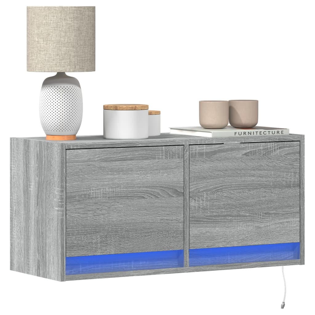 vidaXL Comodă TV de perete cu lumini LED, gri sonoma, 80x31x38 cm vidaXL Comodă TV de perete cu lumini LED, gri sonoma, 80x31x38 cm