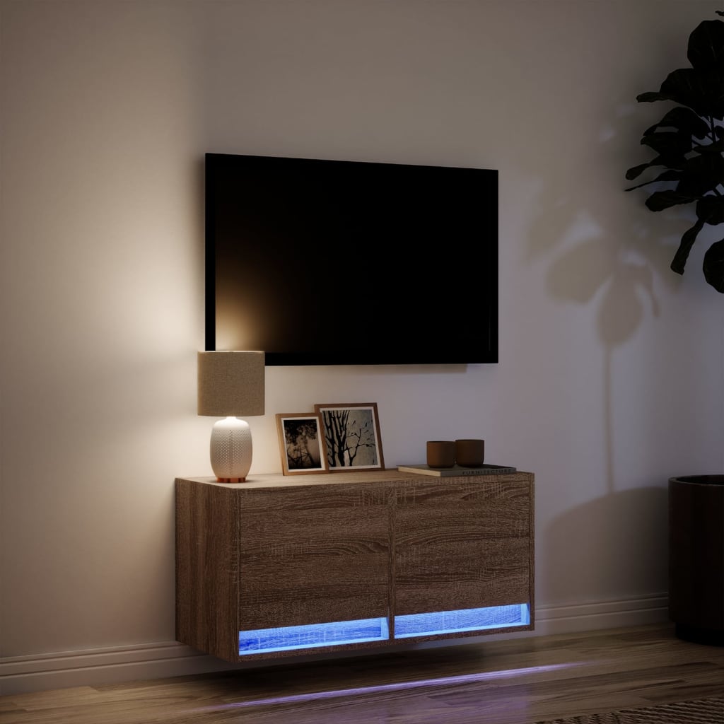 vidaXL Comodă TV de perete cu lumini LED, stejar maro, 80x31x38 cm vidaXL Comodă TV de perete cu lumini LED, stejar maro, 80x31x38 cm