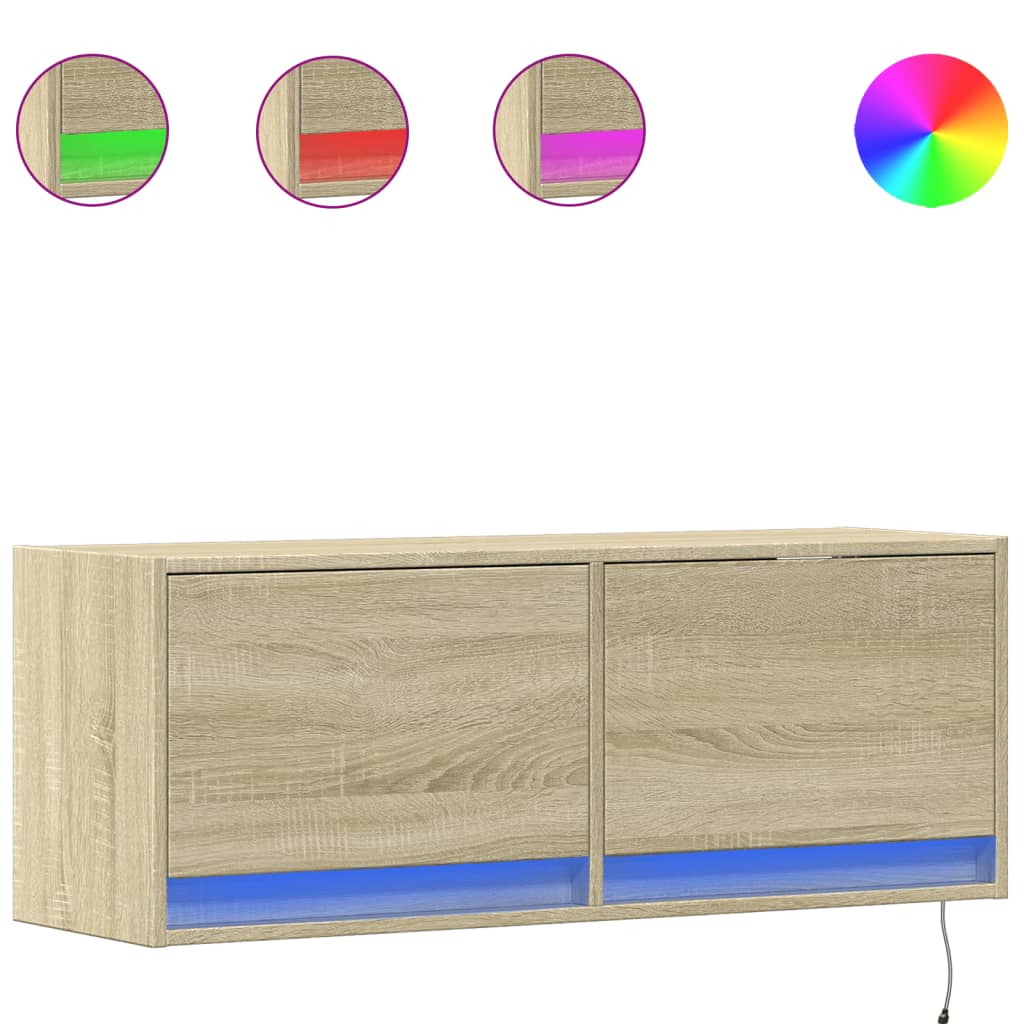 vidaXL Comodă TV de perete cu lumini LED, stejar sonoma, 100x31x38 cm vidaXL Comodă TV de perete cu lumini LED, stejar sonoma, 100x31x38 cm