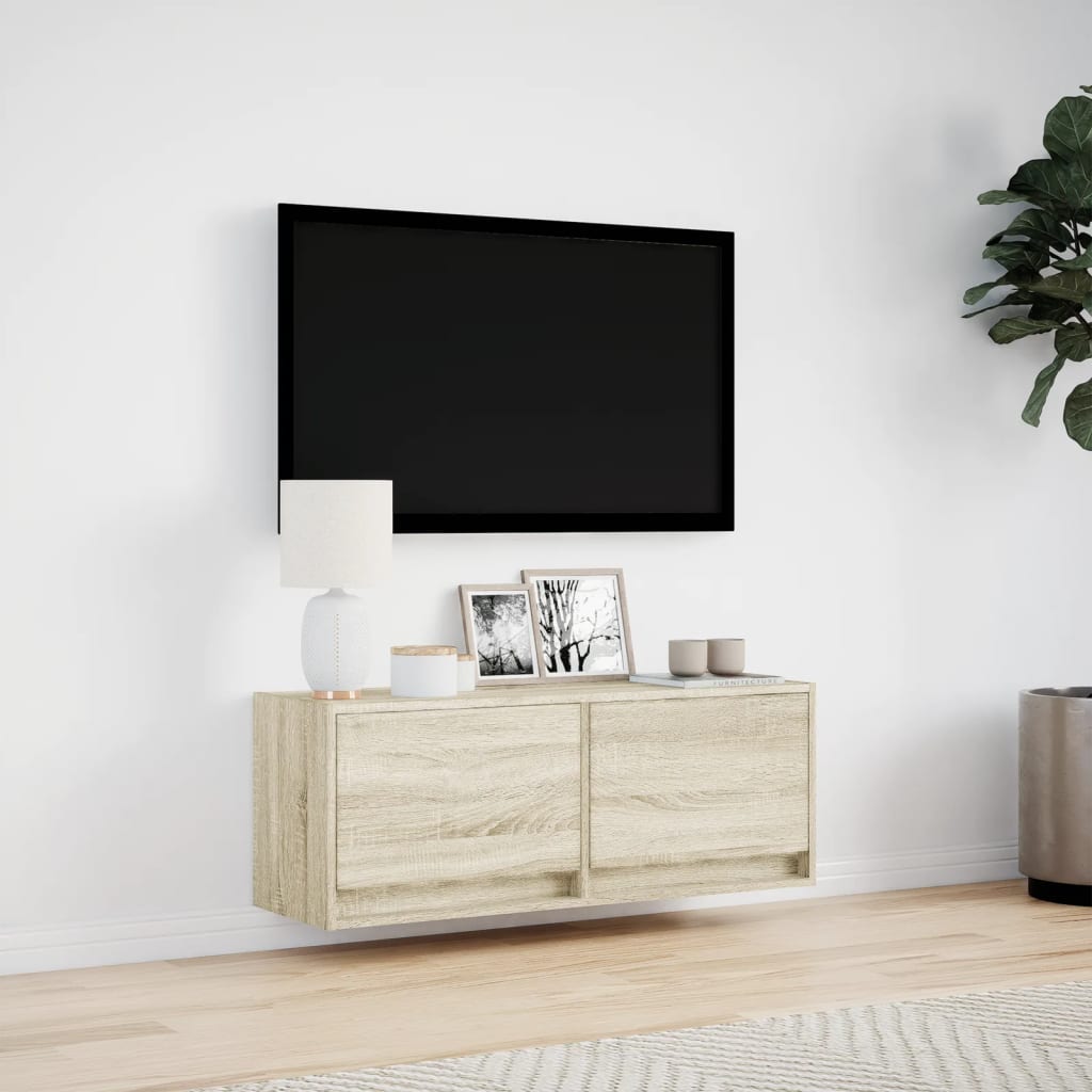 vidaXL Comodă TV de perete cu lumini LED, stejar sonoma, 100x31x38 cm vidaXL Comodă TV de perete cu lumini LED, stejar sonoma, 100x31x38 cm