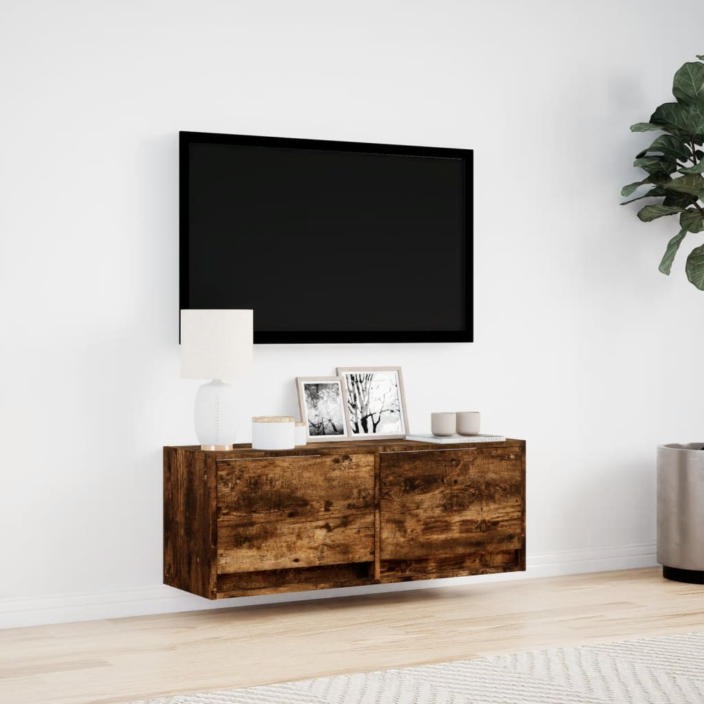 vidaXL Comodă TV de perete cu lumini LED, stejar fumuriu, 100x31x38 cm vidaXL Comodă TV de perete cu lumini LED, stejar fumuriu, 100x31x38 cm
