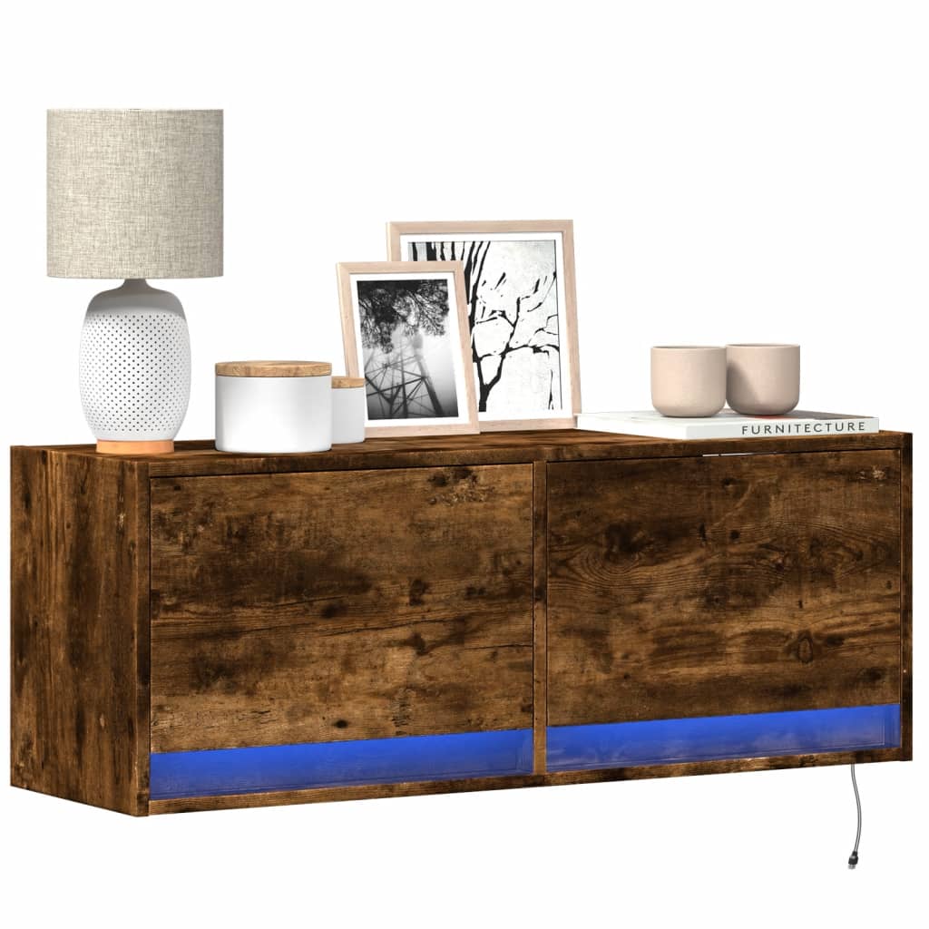vidaXL Comodă TV de perete cu lumini LED, stejar fumuriu, 100x31x38 cm vidaXL Comodă TV de perete cu lumini LED, stejar fumuriu, 100x31x38 cm