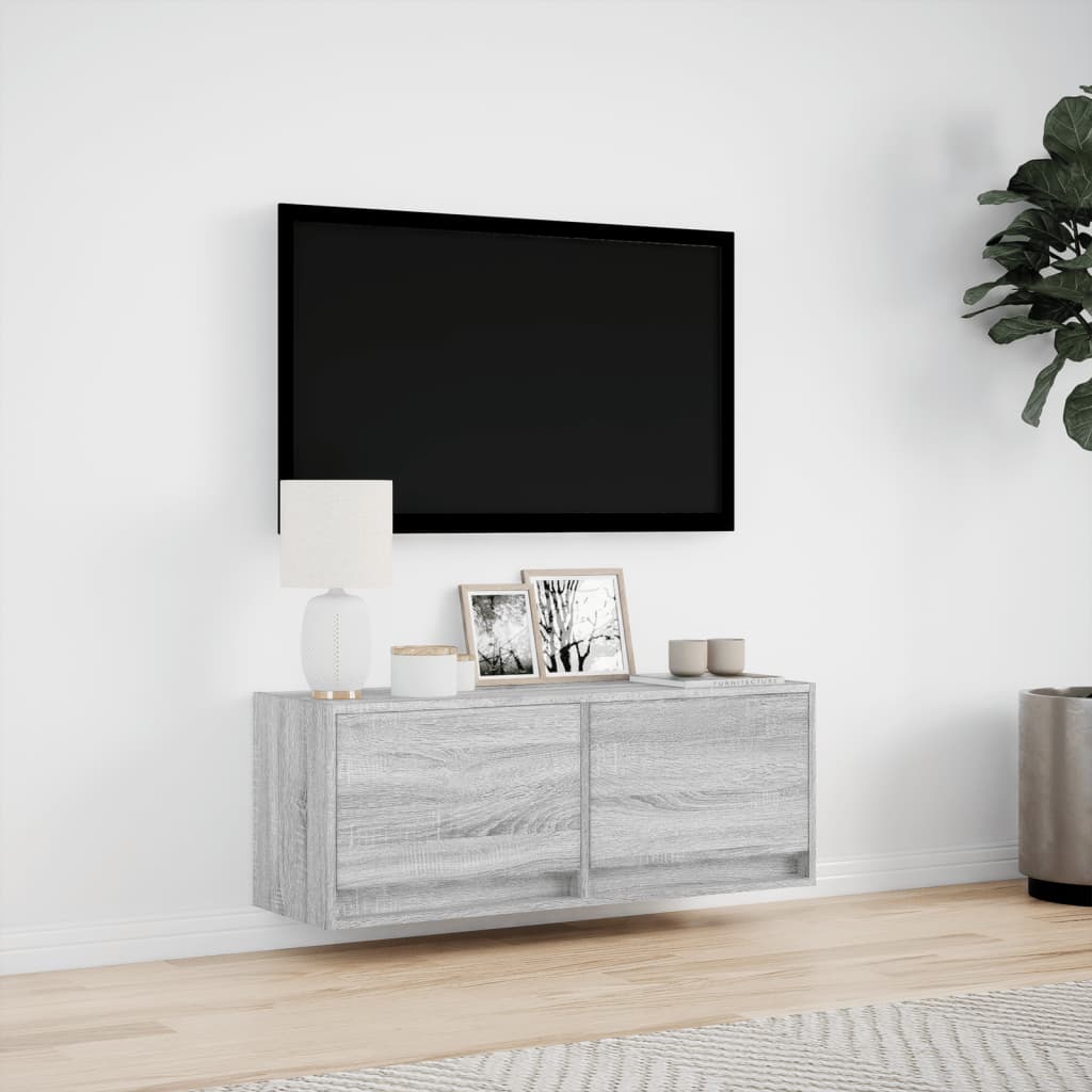 vidaXL Comodă TV de perete cu lumini LED, gri sonoma, 100x31x38 cm vidaXL Comodă TV de perete cu lumini LED, gri sonoma, 100x31x38 cm