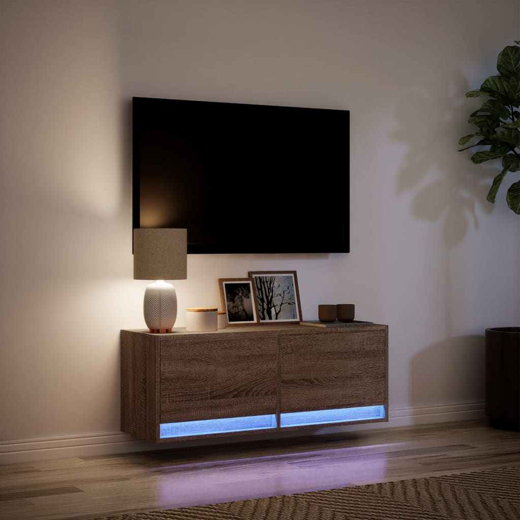 vidaXL Comodă TV de perete cu lumini LED, stejar maro, 100x31x38 cm vidaXL Comodă TV de perete cu lumini LED, stejar maro, 100x31x38 cm
