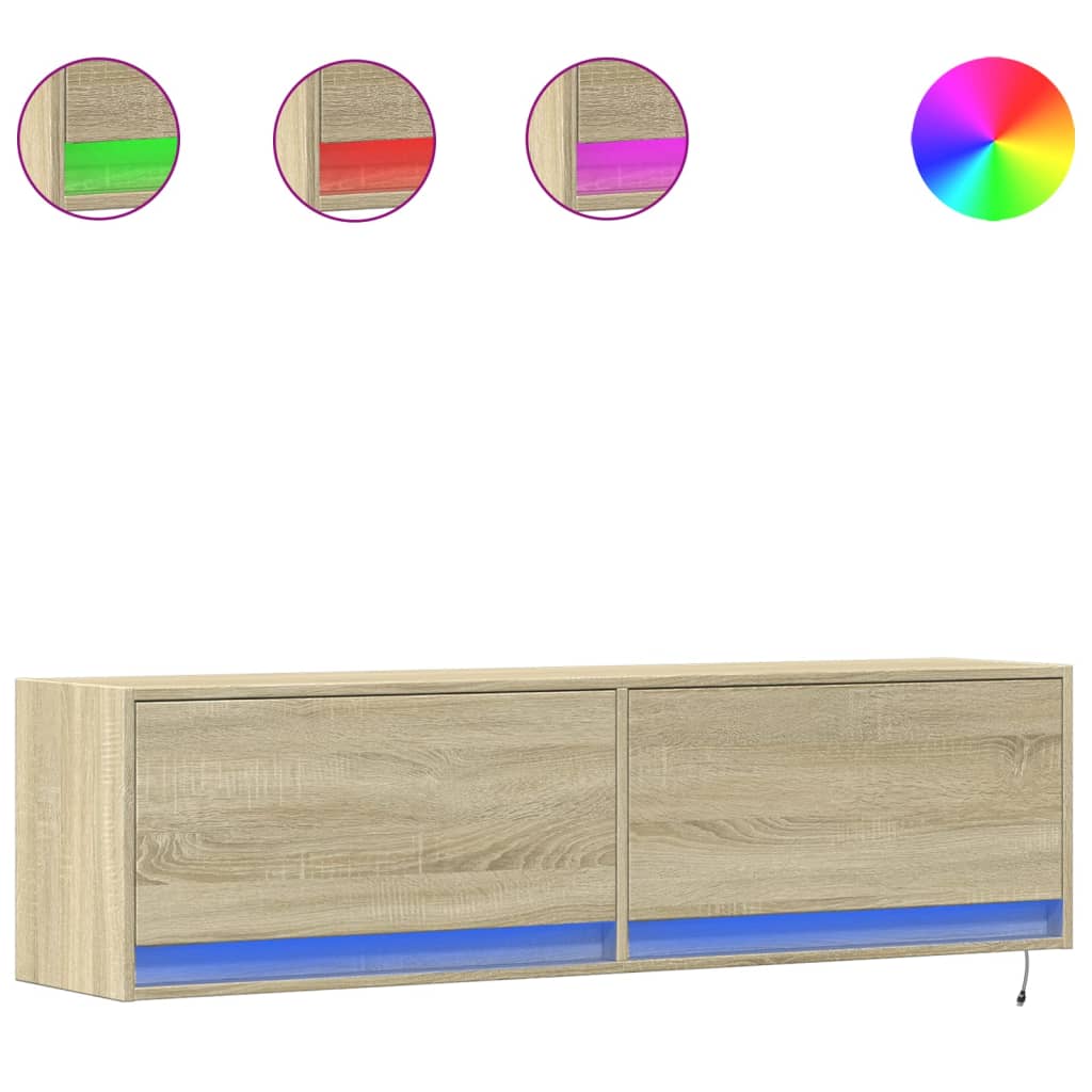vidaXL Comodă TV de perete cu lumini LED, stejar sonoma, 140x31x38 cm