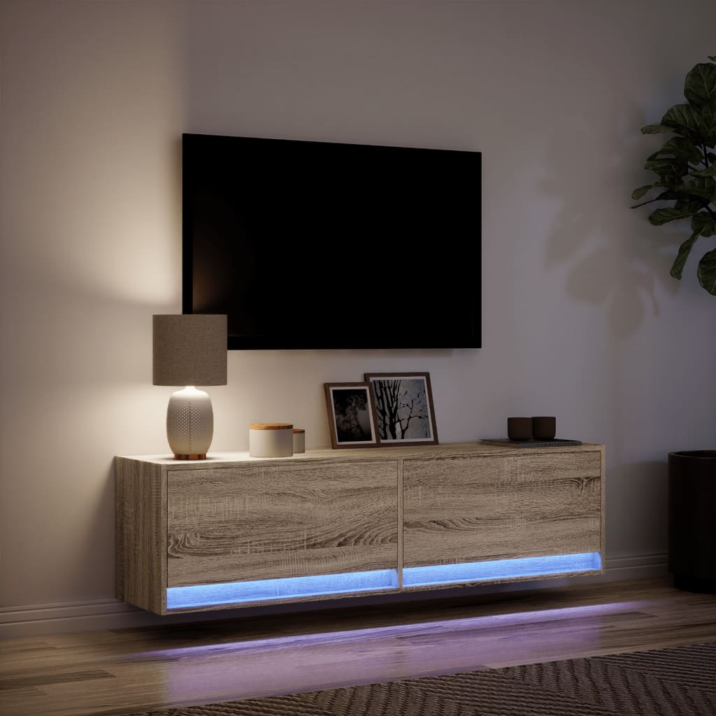 vidaXL Comodă TV de perete cu lumini LED, stejar sonoma, 140x31x38 cm