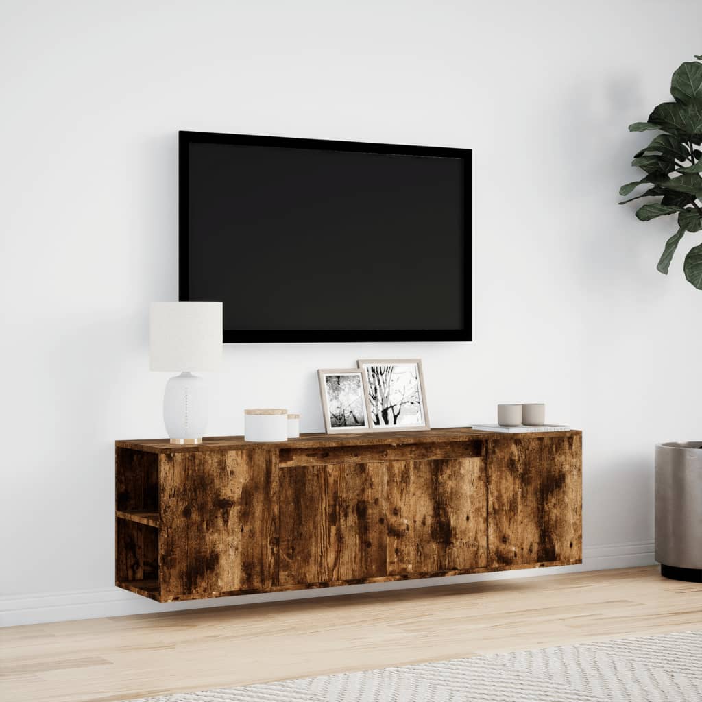 vidaXL Comodă TV perete cu lumini LED, stejar fumuriu, 135x31x39,5 cm
