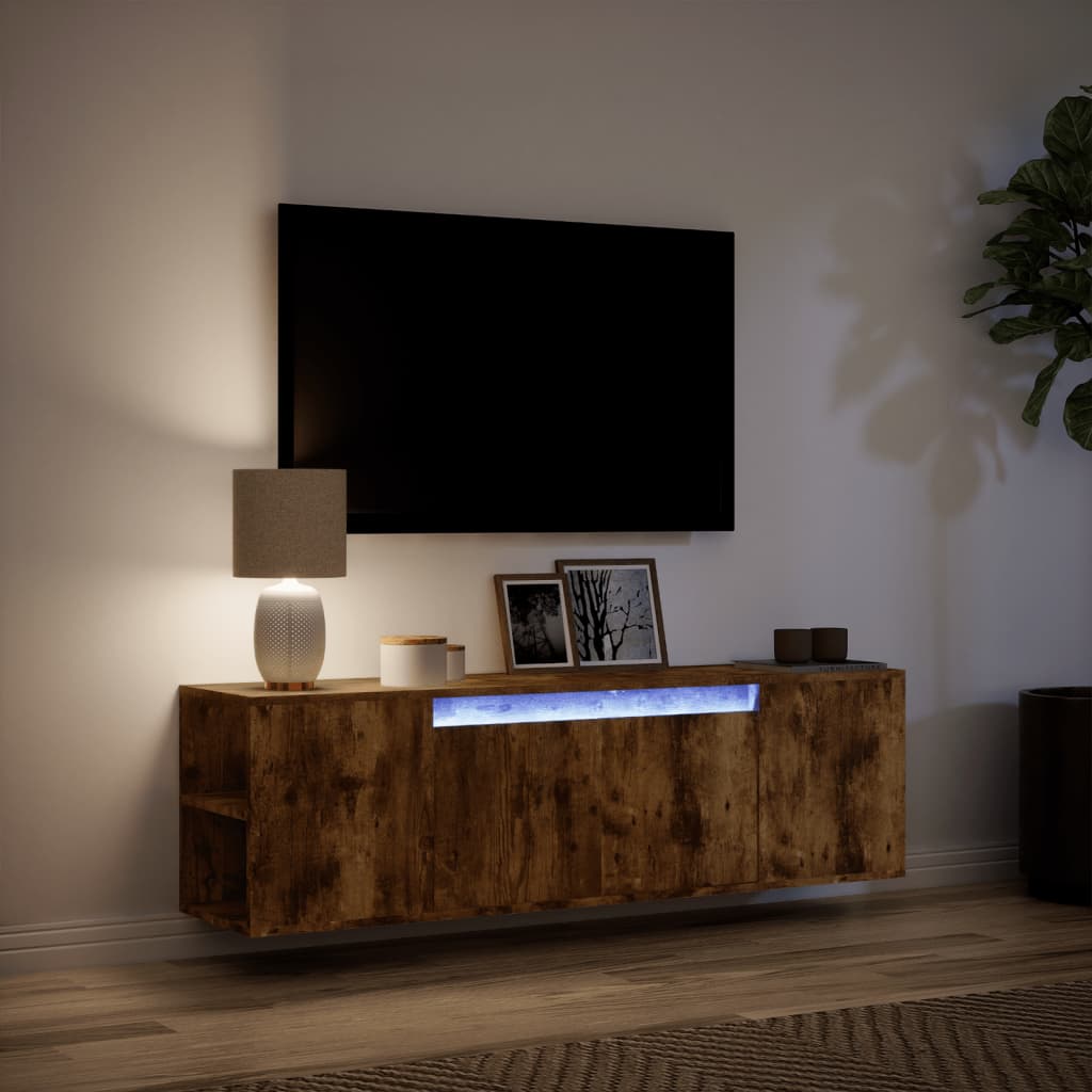 vidaXL Comodă TV perete cu lumini LED, stejar fumuriu, 135x31x39,5 cm