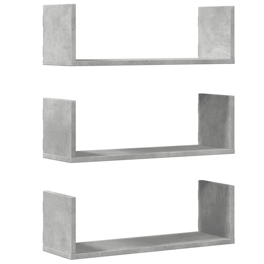 vidaXL Rafturi perete, 3 buc., gri beton, 58x18x18 cm, lemn prelucrat