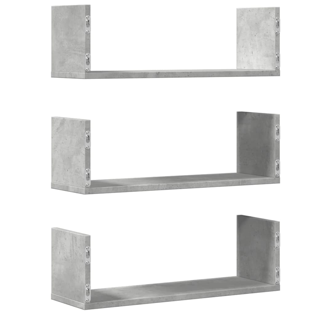 vidaXL Rafturi perete, 3 buc., gri beton, 58x18x18 cm, lemn prelucrat