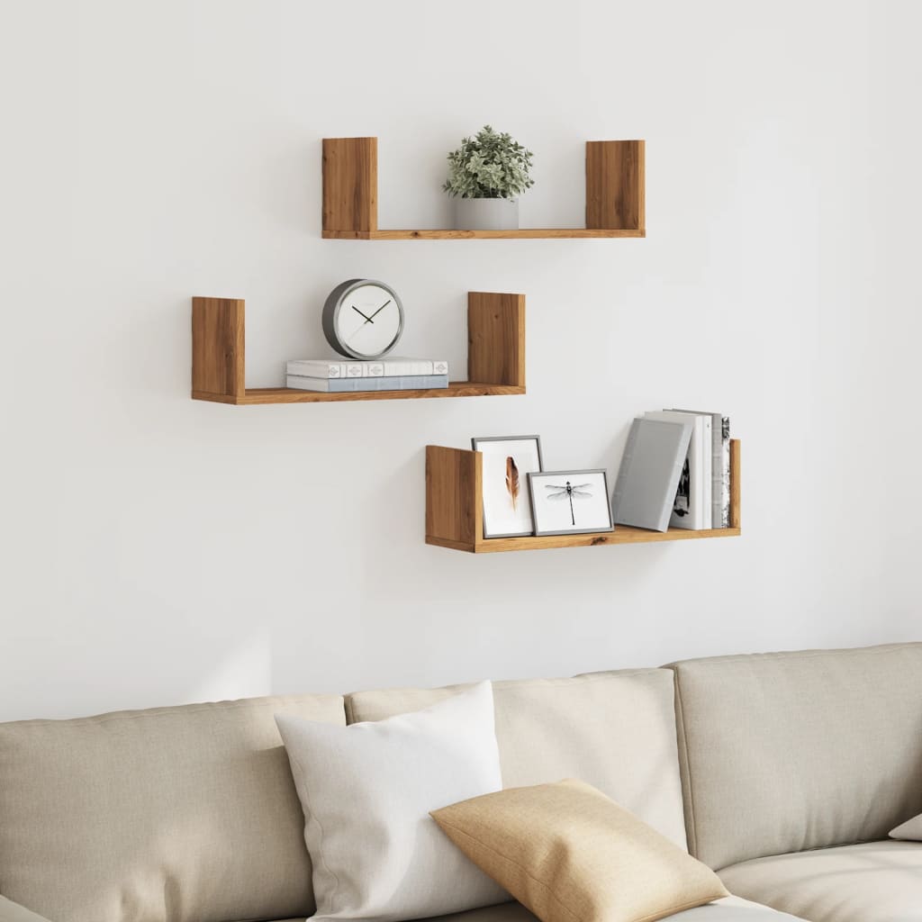 vidaXL Rafturi perete 3buc. stejar artizanal 58x18x18cm lemn prelucrat vidaXL Rafturi perete 3buc. stejar artizanal 58x18x18cm lemn prelucrat