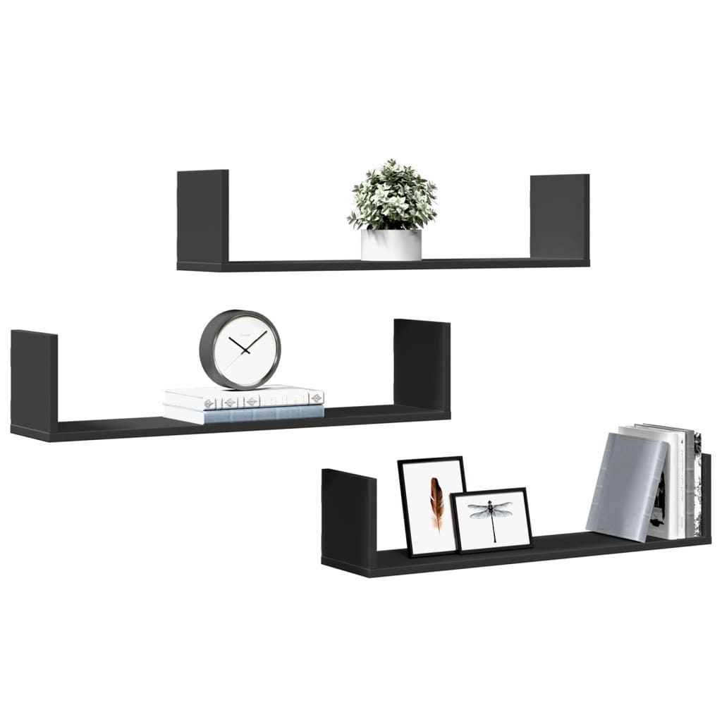 vidaXL Rafturi de perete, 3 buc., negru, 80x18x18 cm, lemn prelucrat