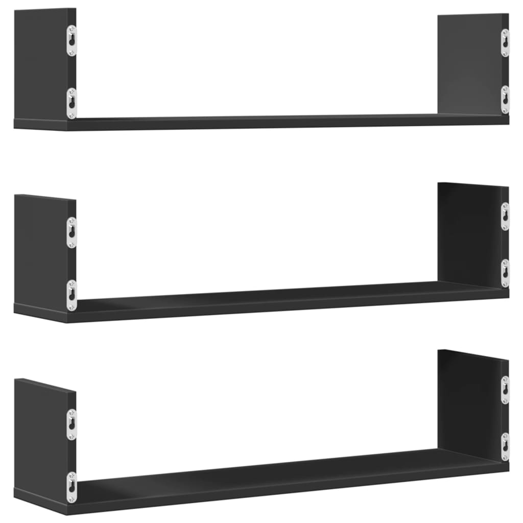vidaXL Rafturi de perete, 3 buc., negru, 80x18x18 cm, lemn prelucrat