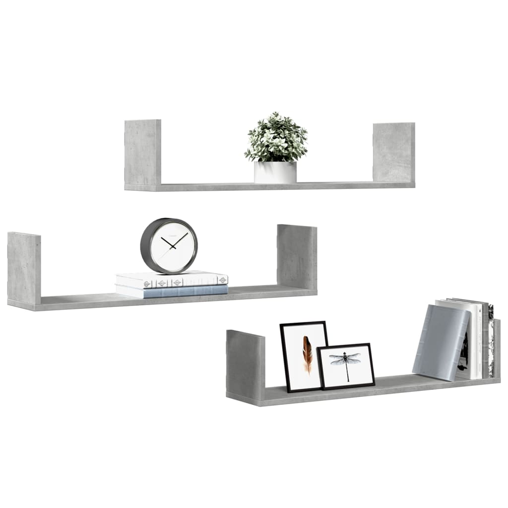 vidaXL Rafturi perete, 3 buc., gri beton, 80x18x18 cm, lemn prelucrat