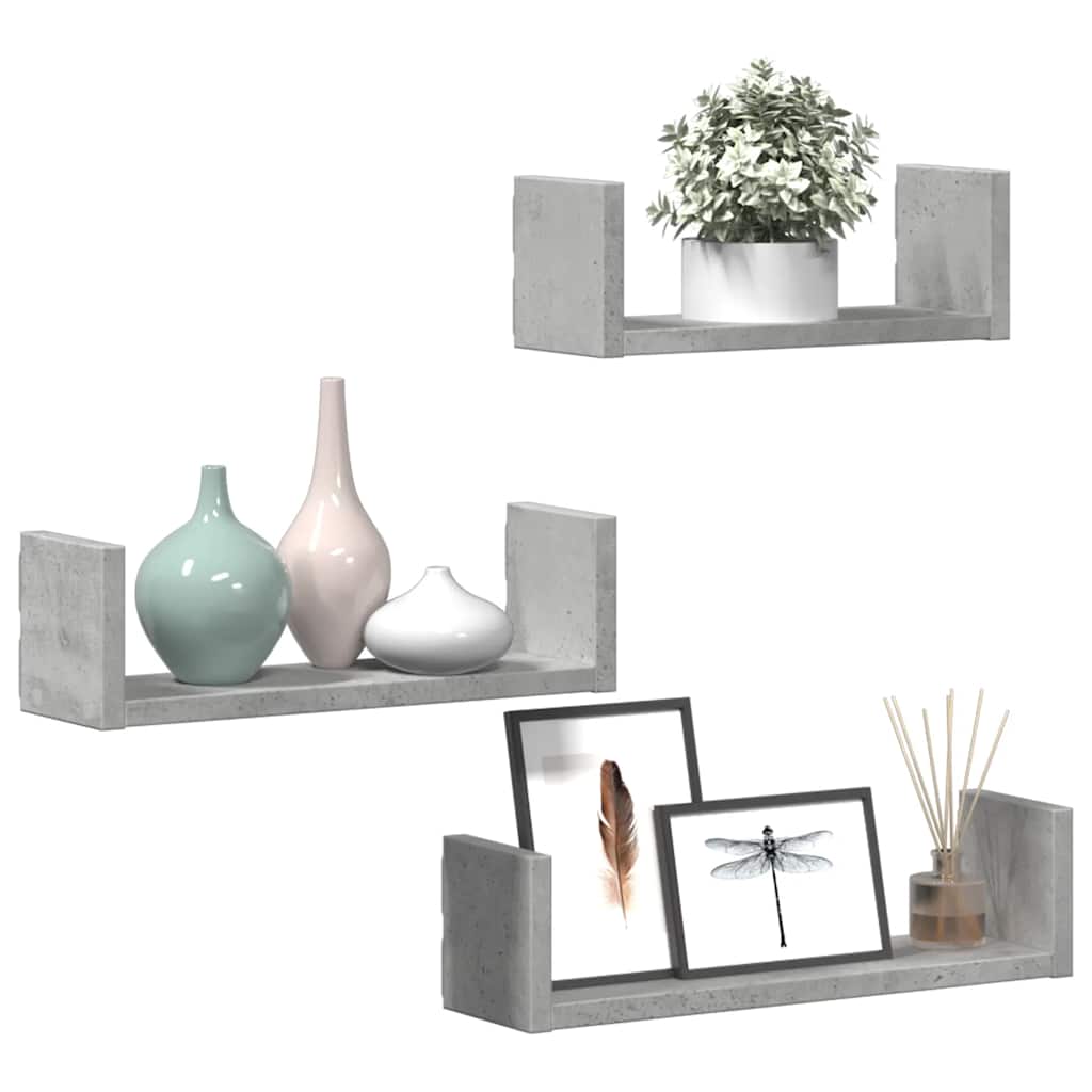 vidaXL Raft de perete, 3 buc., gri beton, lemn prelucrat