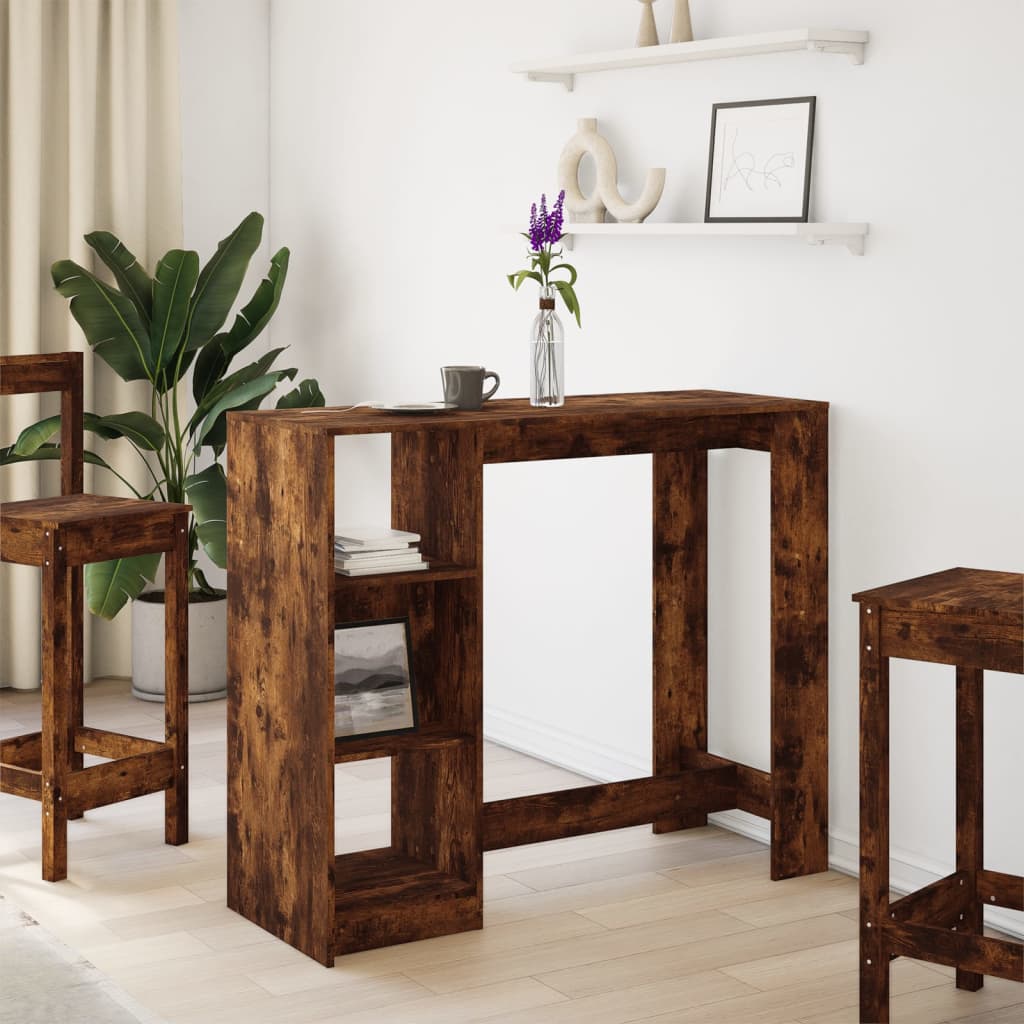 vidaXL Masă de bar cu raft stejar fumuriu 124x46x103,5cm lemn compozit vidaXL Masă de bar cu raft stejar fumuriu 124x46x103,5cm lemn compozit