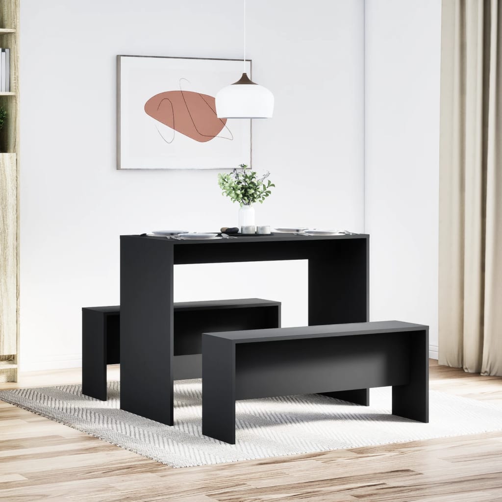 vidaXL Set masă și bănci de bucătărie, 3 piese, negru, lemn prelucrat vidaXL Set masă și bănci de bucătărie, 3 piese, negru, lemn prelucrat