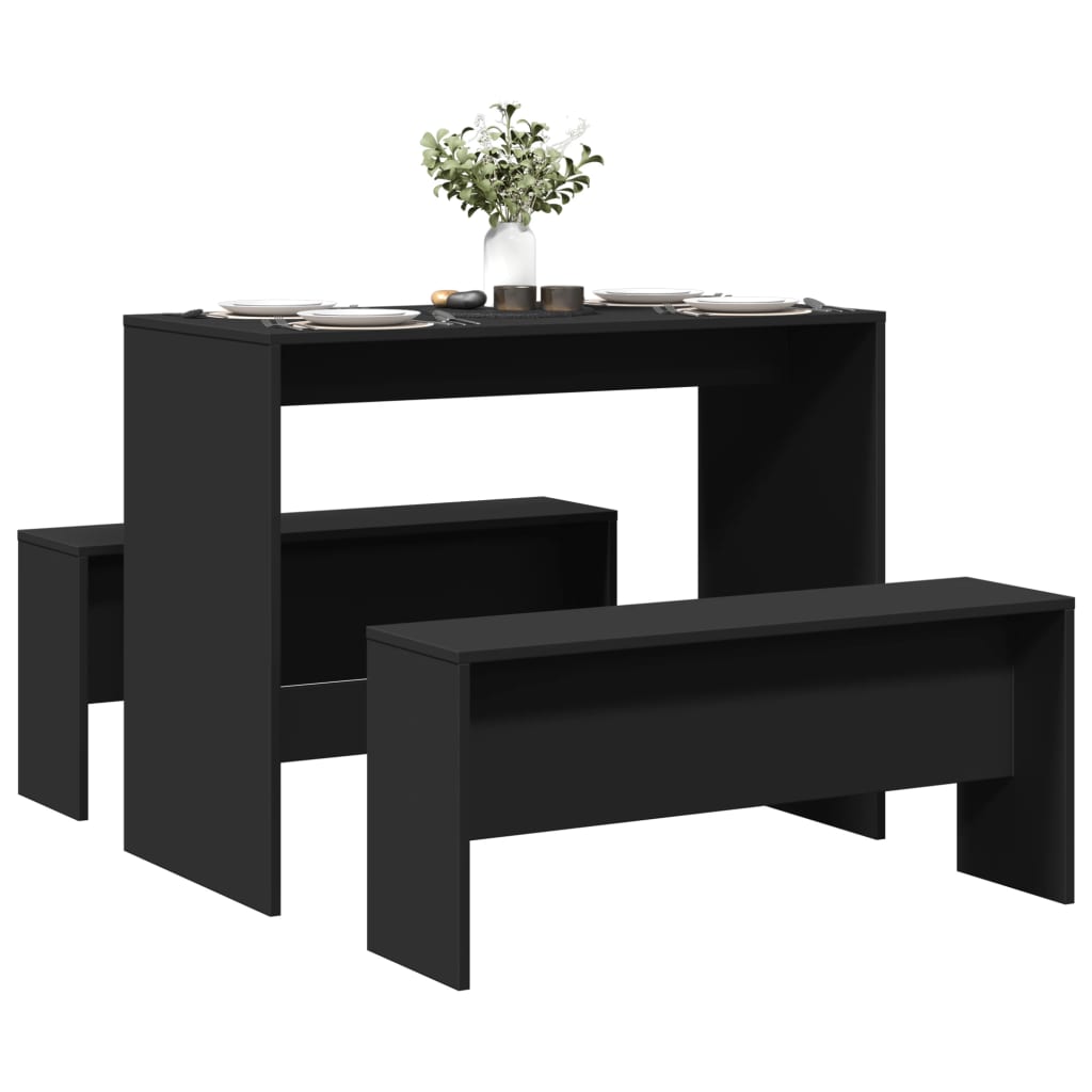 vidaXL Set masă și bănci de bucătărie, 3 piese, negru, lemn prelucrat vidaXL Set masă și bănci de bucătărie, 3 piese, negru, lemn prelucrat