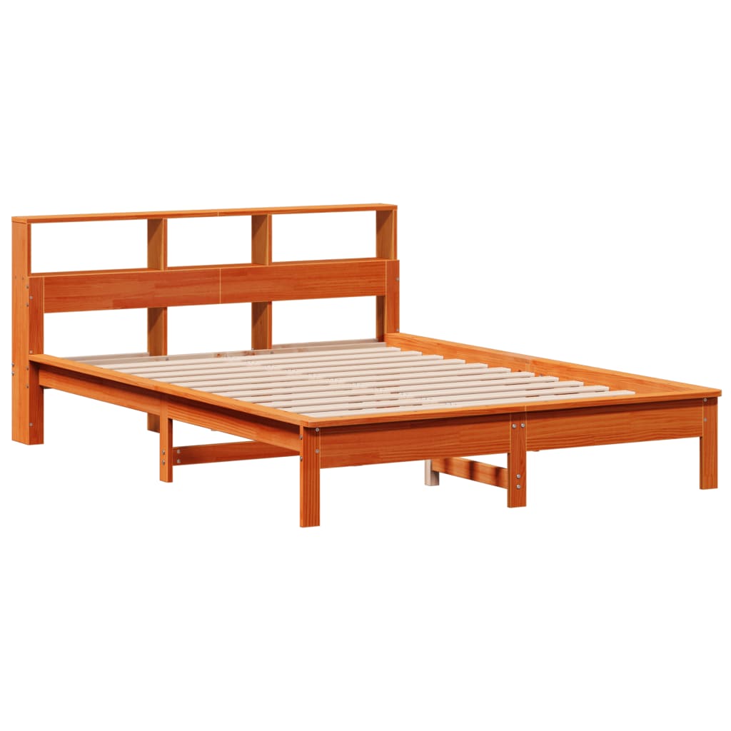 vidaXL Pat cu bibliotecă fără saltea, maro, 120x200 cm, lemn masiv pin vidaXL Pat cu bibliotecă fără saltea, maro, 120x200 cm, lemn masiv pin