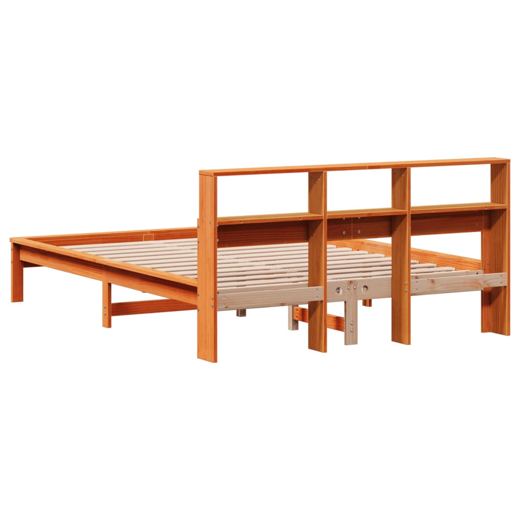 vidaXL Pat cu bibliotecă fără saltea, maro, 120x200 cm, lemn masiv pin vidaXL Pat cu bibliotecă fără saltea, maro, 120x200 cm, lemn masiv pin