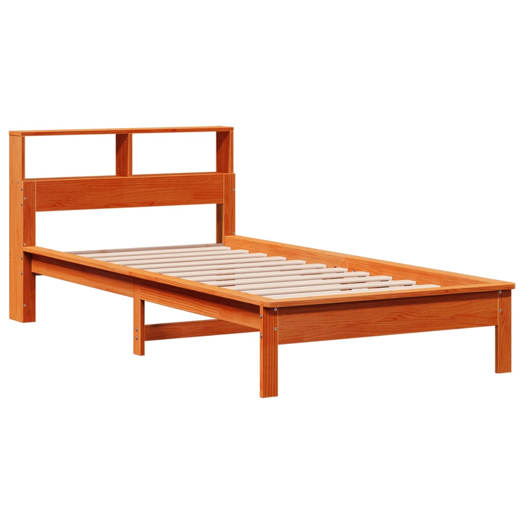 vidaXL Pat cu bibliotecă fără saltea, maro, 90x200 cm, lemn masiv pin vidaXL Pat cu bibliotecă fără saltea, maro, 90x200 cm, lemn masiv pin
