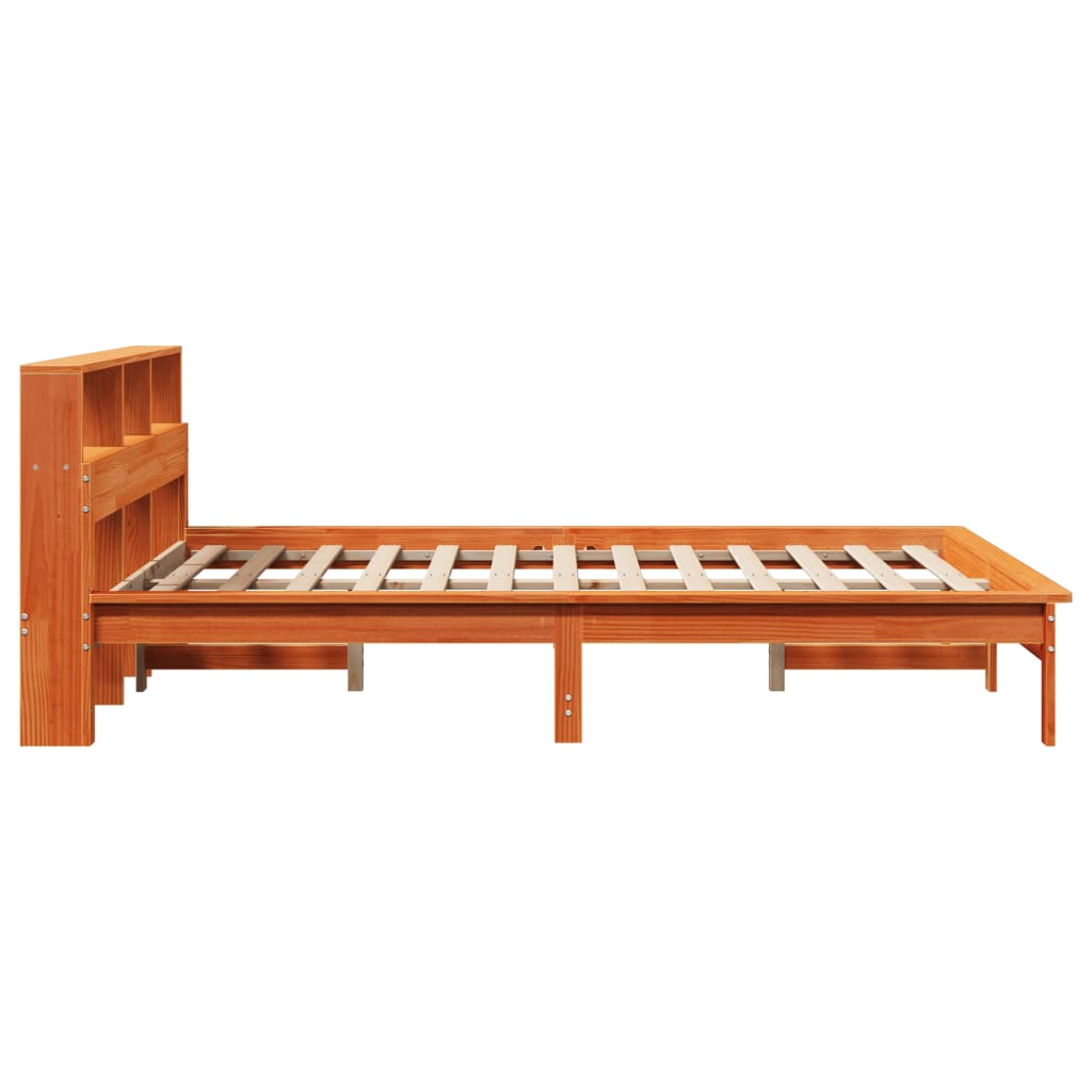 vidaXL Pat cu bibliotecă fără saltea, maro, 120x190 cm, lemn masiv pin vidaXL Pat cu bibliotecă fără saltea, maro, 120x190 cm, lemn masiv pin