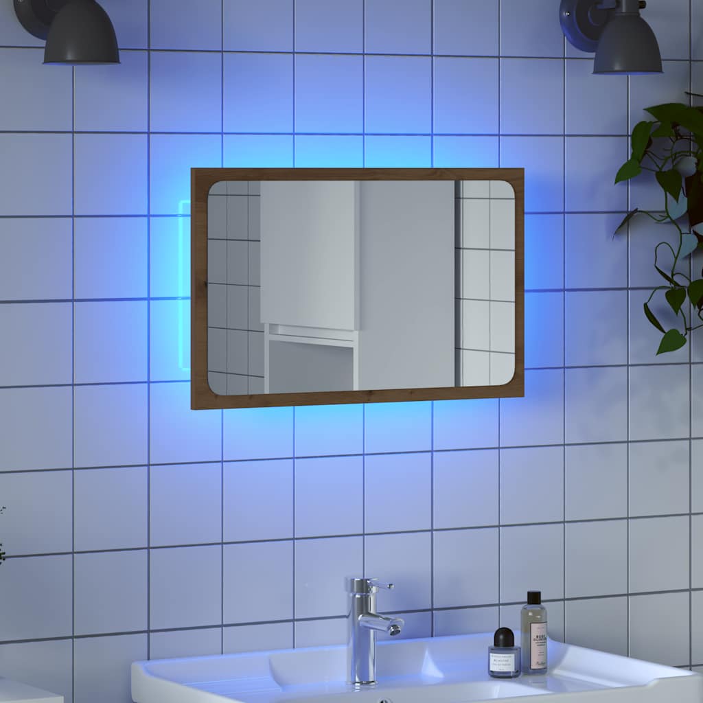vidaXL Oglindă de baie cu lumină LED, stejar artizanal, 60x8,5x38 cm