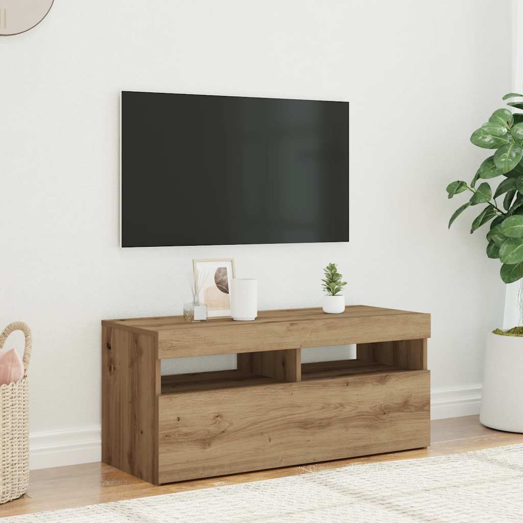 vidaXL Dulap TV cu LED stejar artizanal 90x35x40 cm lemn prelucrat