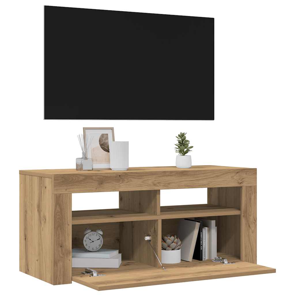 vidaXL Dulap TV cu LED stejar artizanal 90x35x40 cm lemn prelucrat