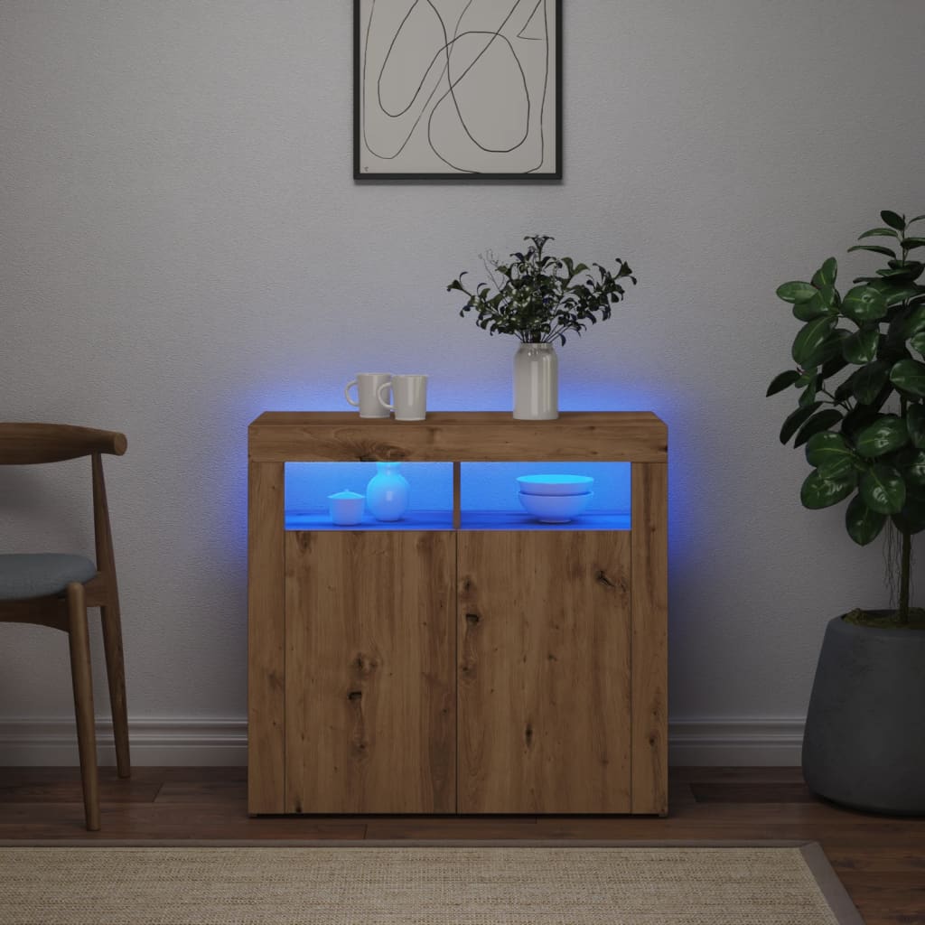 vidaXL Dulap cu lumini LED stejar artizanal 80x35x75 cm lemn prelucrat vidaXL Dulap cu lumini LED stejar artizanal 80x35x75 cm lemn prelucrat