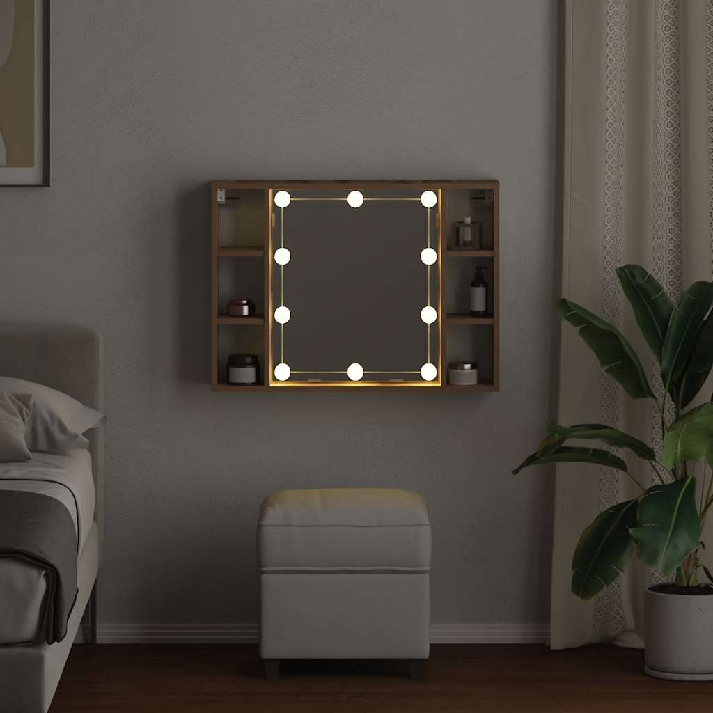 vidaXL Dulap cu oglindă și LED stejar artizanal 76x15x55 cm, lemn vidaXL Dulap cu oglindă și LED stejar artizanal 76x15x55 cm, lemn