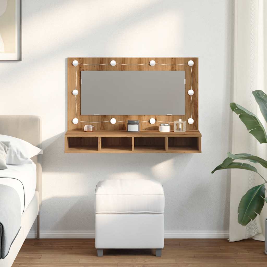 vidaXL Dulap cu oglindă și LED, Artisan Stejar, 90x31,5x62 cm vidaXL Dulap cu oglindă și LED, Artisan Stejar, 90x31,5x62 cm