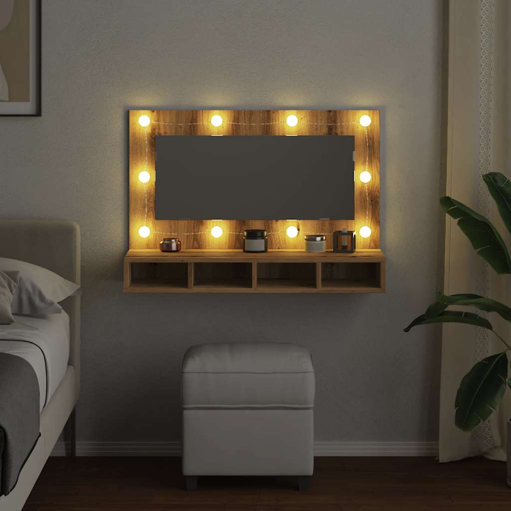 vidaXL Dulap cu oglindă și LED, Artisan Stejar, 90x31,5x62 cm vidaXL Dulap cu oglindă și LED, Artisan Stejar, 90x31,5x62 cm