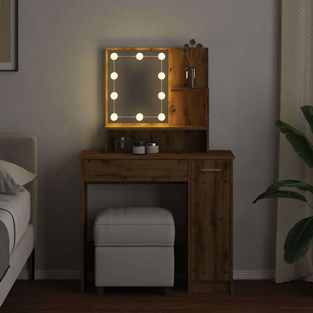 vidaXL Masă de toaletă cu LED, stejar artizanal, 86,5x35x136 cm vidaXL Masă de toaletă cu LED, stejar artizanal, 86,5x35x136 cm