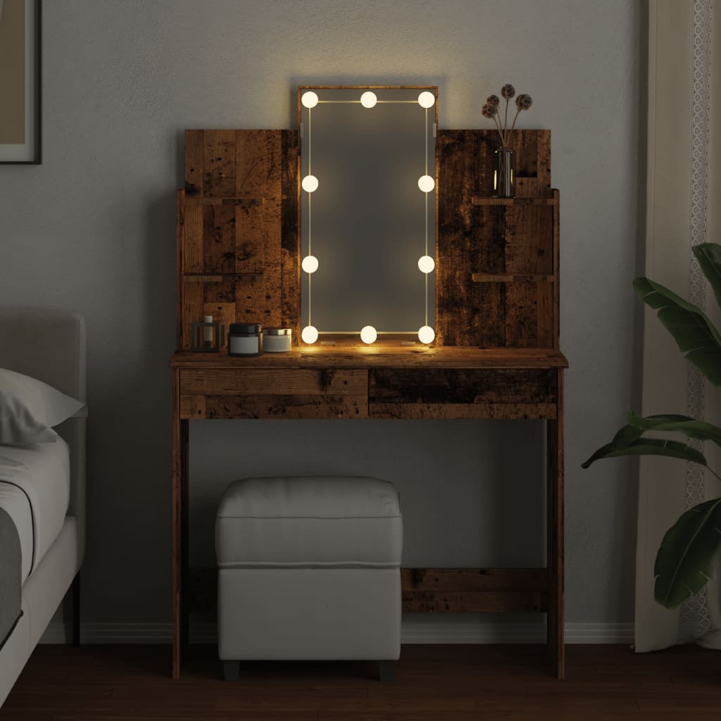 vidaXL Masă de toaletă cu LED-uri, lemn vechi, 96x40x142 cm vidaXL Masă de toaletă cu LED-uri, lemn vechi, 96x40x142 cm