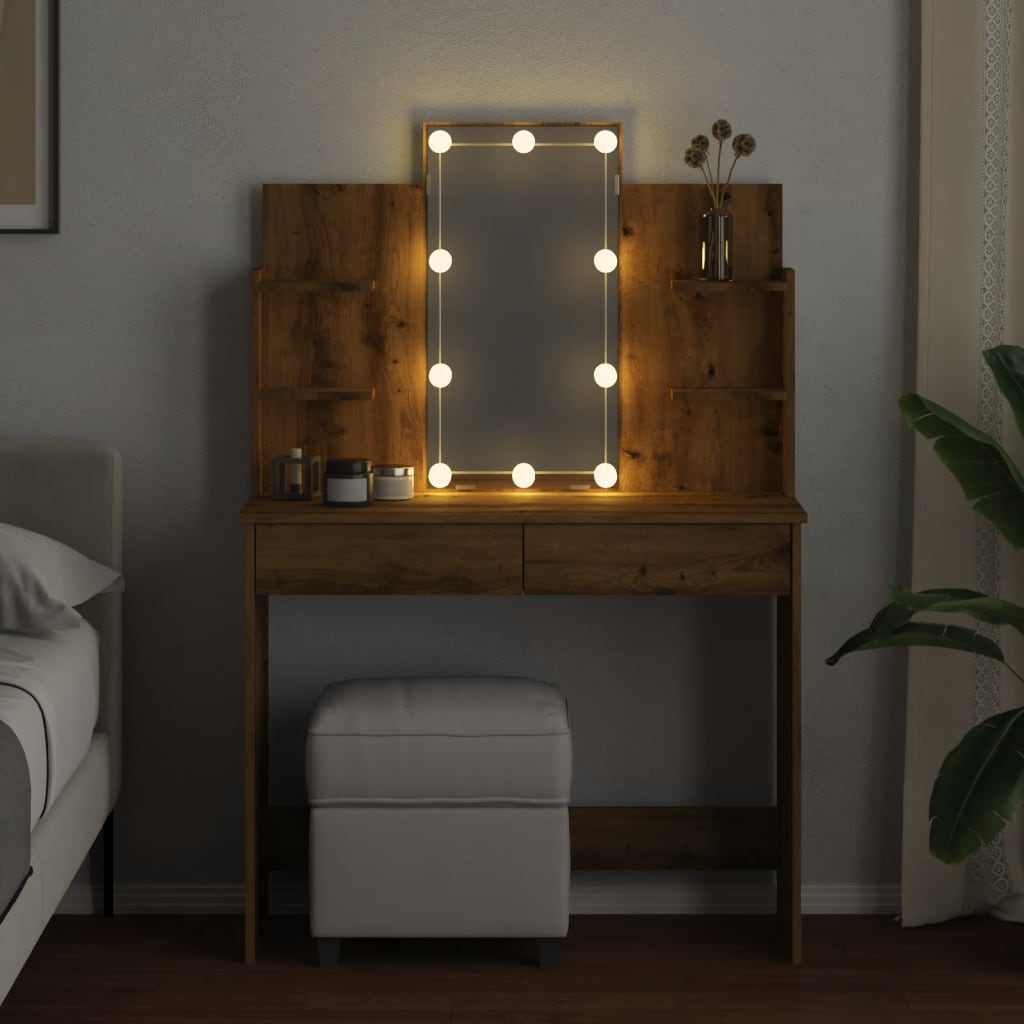 vidaXL Masă de toaletă cu LED-uri, stejar artizanal, 96x40x142 cm vidaXL Masă de toaletă cu LED-uri, stejar artizanal, 96x40x142 cm