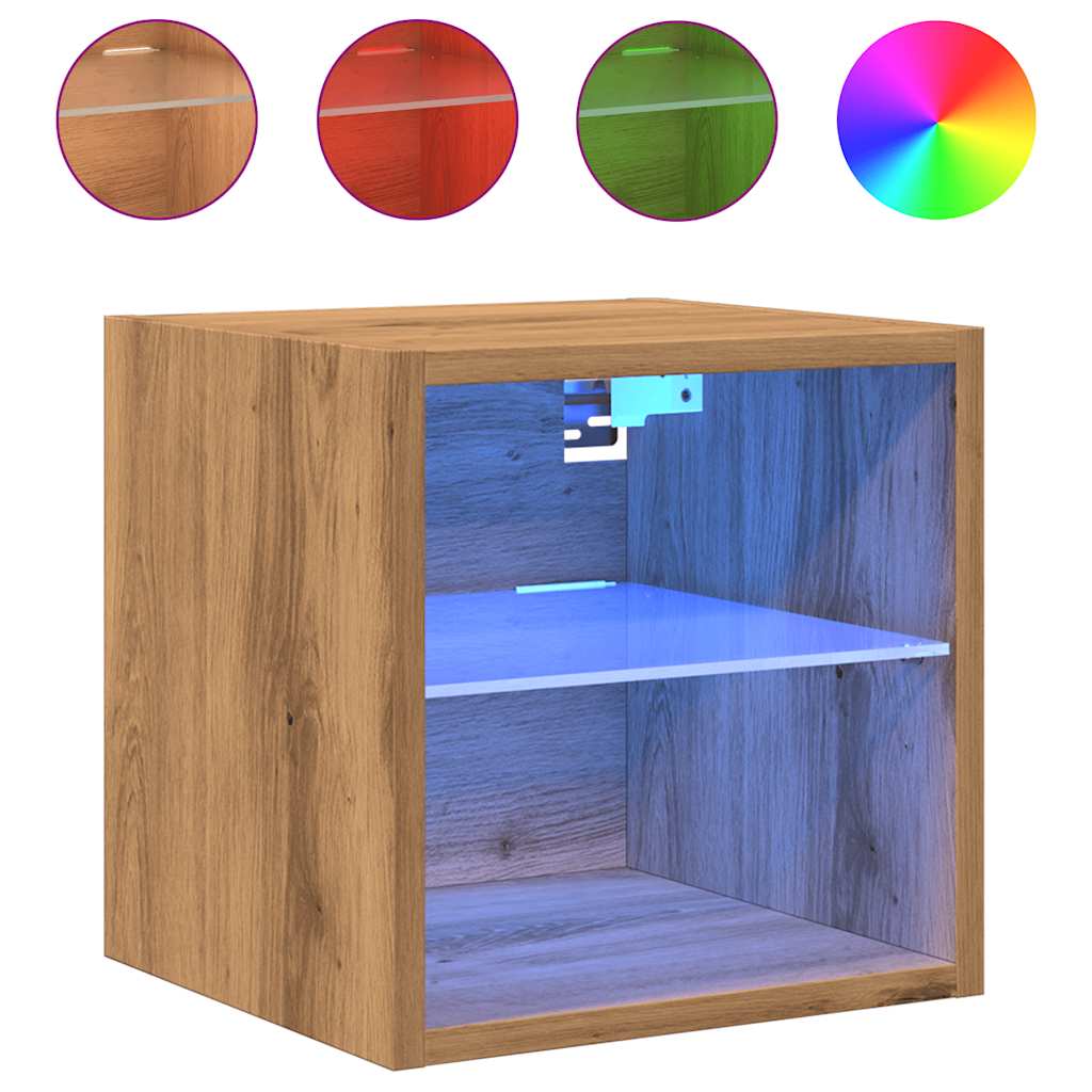 vidaXL Comodă TV de perete cu lumini LED Stejar artizanal 30x28,5x30cm vidaXL Comodă TV de perete cu lumini LED Stejar artizanal 30x28,5x30cm