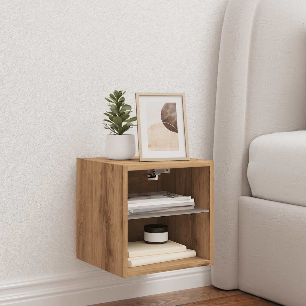 vidaXL Comodă TV de perete cu lumini LED Stejar artizanal 30x28,5x30cm vidaXL Comodă TV de perete cu lumini LED Stejar artizanal 30x28,5x30cm