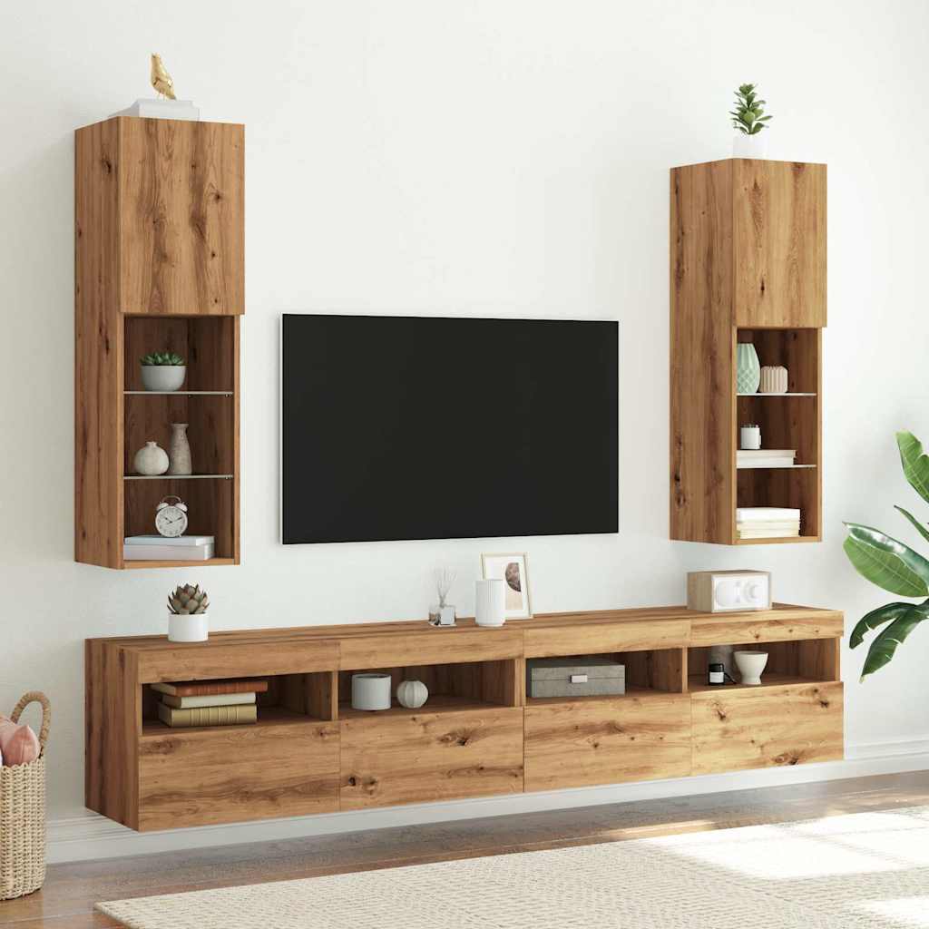 vidaXL Comode TV cu lumini LED 2 buc. stejar artizanal 30,5x30x102 cm