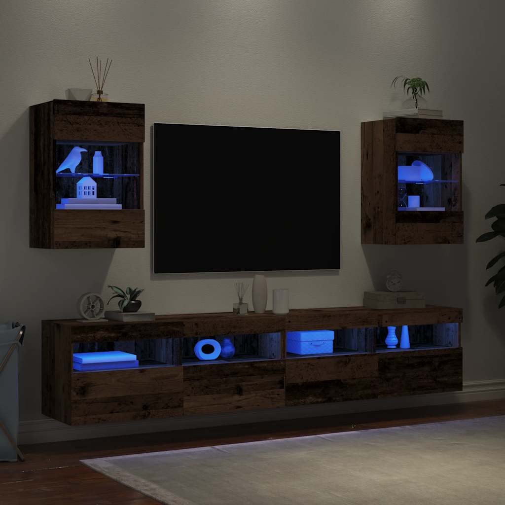 vidaXL Comode de perete cu lumini LED pentru TV 2 buc. lemn vechi 40x30x60,5 cm